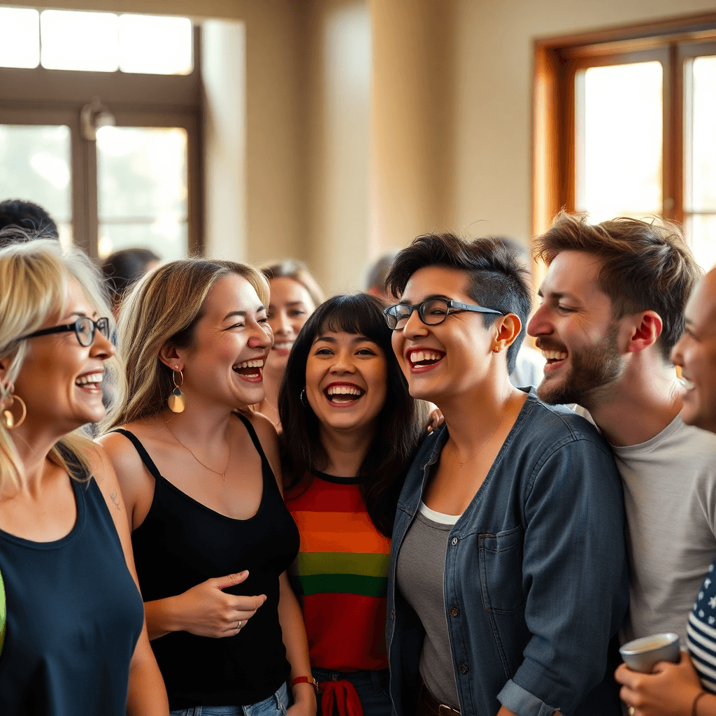 Diverse group of bisexual and queer people laughing together at a community gathering